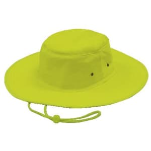 A luminescent safety hat in bright yellow with a wide brim and an adjustable chin strap. It features ventilation holes and a logo.