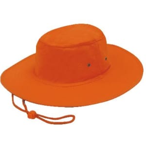 An orange luminescent safety hat with a wide brim and a chin strap. Features ventilation holes and a branded logo.