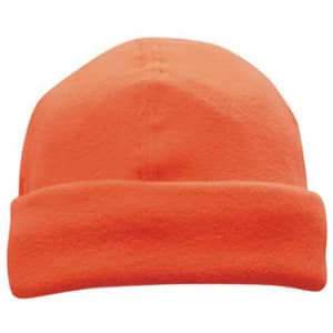 An orange beanie with a folded cuff, featuring a logo. It has a soft, smooth texture.