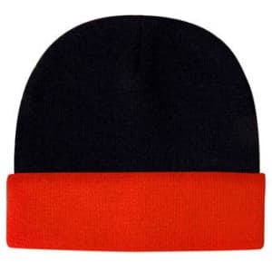 A beanie in black with a bright orange cuff, featuring a logo on the side.
