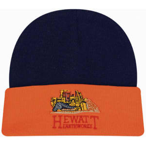 A navy and orange beanie featuring an illustration of construction equipment and a logo on the front.