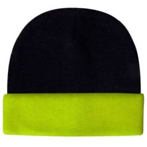 A luminescent safety beanie featuring a black top and a bright yellow fold-over cuff, with a logo present.