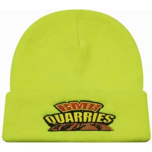 A luminescent yellow acrylic beanie with a folded cuff, featuring a logo on the front.