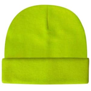 A luminescent safety beanie in bright yellow, featuring a foldable cuff, with a logo visible.