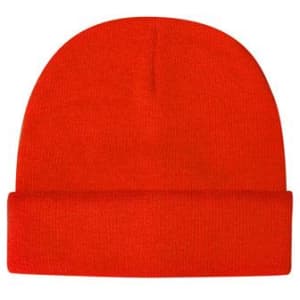 A bright red acrylic beanie, featuring a fold-over cuff and a smooth texture. Includes a branding logo.