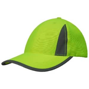 A bright lime green cap with reflective grey trim and inserts, featuring a logo on the front.