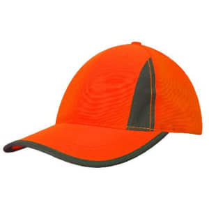 An orange cap with reflective inserts and trim, featuring a dark green peak and a branding logo.