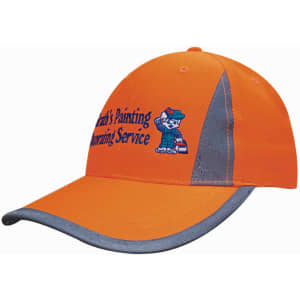 Luminescent orange cap featuring reflective inserts and trim, with a logo on the front.