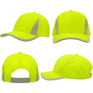 A bright yellow cap featuring reflective inserts and trim, showcasing multiple angles and a logo on the front.
