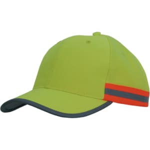 A hi-vis cap in bright yellow with reflective tape and a grey peak, featuring a branding logo.