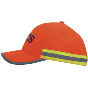 A bright orange cap featuring a reflective tape band and a grey peak, with a logo on the front.