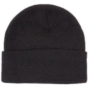A black acrylic beanie with Thinsulate lining, featuring a cuffed design and a logo.