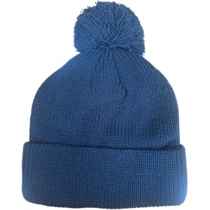 A blue 6 seam knitted beanie with a pom pom on top, featuring a fold-over cuff. It has a logo on one side.