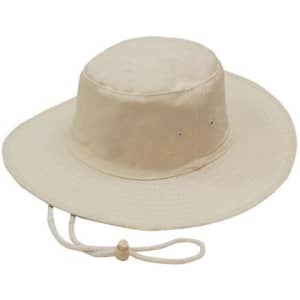 A beige canvas hat with a wide brim and a chin strap. It features ventilation holes and a simple design.