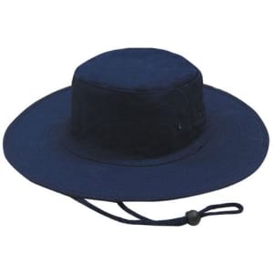 A navy canvas hat with a wide brim and adjustable chin strap, featuring a logo.