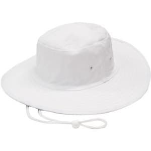 A white canvas hat with a wide brim and an adjustable chin strap. It features a simple logo.