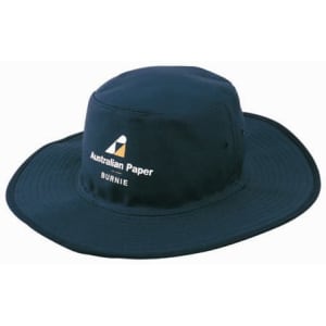 A navy canvas hat with a wide brim and a logo on the front. Suitable for various outdoor activities.
