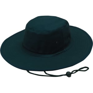 A dark green canvas hat with a wide brim and adjustable string. Contains a logo.