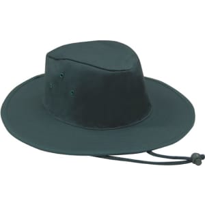 A green poly cotton slouch hat featuring ventilation holes and a drawstring for adjustment.