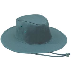 A poly cotton slouch hat in teal, featuring ventilation eyelets and an adjustable chin strap.