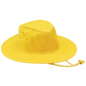 A yellow poly cotton slouch hat with a wide brim and an adjustable chin strap. It features ventilation eyelets.