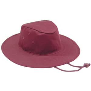 A maroon poly cotton slouch hat with ventilation holes and an adjustable chin strap.