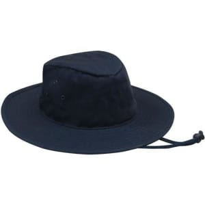 A navy blue Poly Cotton Slouch Hat with a wide brim and adjustable chin strap. Features eyelet vents and a logo.