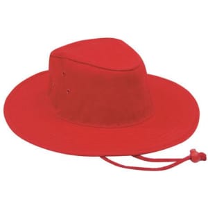 A red Poly Cotton Slouch Hat with a wide brim and an adjustable chin strap. It features ventilation holes.