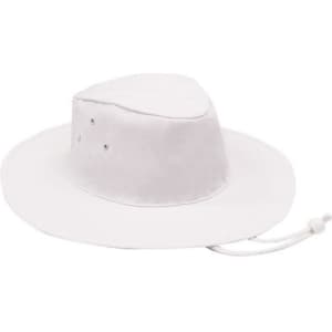 A white poly cotton slouch hat with a wide brim and adjustable chin strap, featuring ventilation holes.