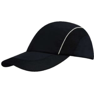 A black cap featuring woven fabric with mesh side panels and a peak, complete with a branding logo.