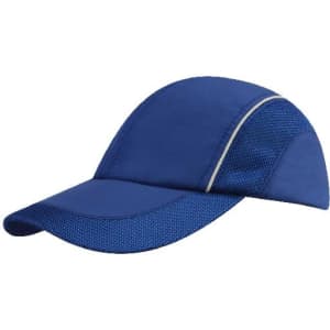 A blue cap featuring woven fabric with mesh side panels and a peak, along with a logo.