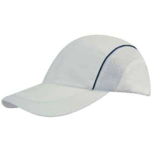 A white cap featuring woven fabric, mesh side panels, and a peak, with a subtle dark trim and logo.