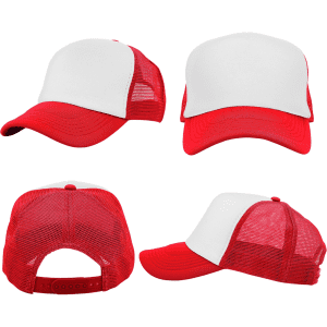 A red and white truckers mesh cap featuring a solid front panel and breathable mesh sides and back.