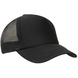 A black truckers mesh cap featuring a solid front and mesh back panels. It has a curved brim and a logo.