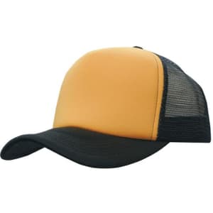 A truckers mesh cap in orange and black with a solid front panel and mesh back. It features a curved brim and a logo.
