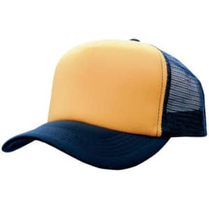 A yellow and navy trucker mesh cap with a solid front panel and mesh back.