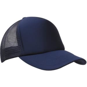 A navy blue trucker cap with a solid front panel and mesh back, featuring a logo on the front.