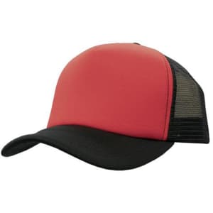 A red and black truckers mesh cap with a structured front and mesh back, featuring a logo on the front.