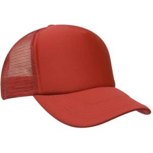A red trucker mesh cap featuring a solid front and mesh back, with an adjustable strap and a logo.