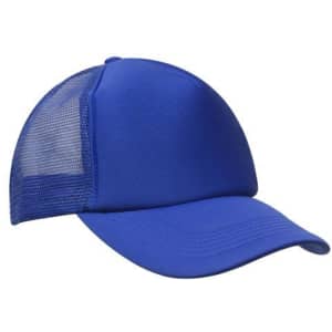 A blue truckers mesh cap featuring a solid front and mesh back for ventilation.