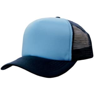 A truckers mesh cap featuring a light blue front and a black mesh back. It has a curved brim and includes a logo.
