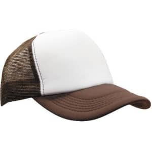 A brown and white truckers mesh cap with a structured front and mesh back. It features a curved brim and a logo.