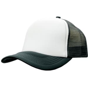 A trucker mesh cap in white and dark green, featuring a structured front and mesh back with an adjustable strap.