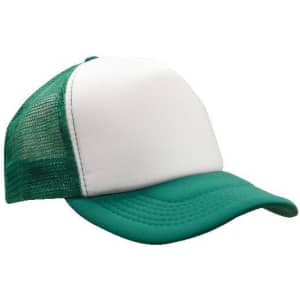 A green and white trucker mesh cap with a solid front panel and a mesh back, featuring a logo.
