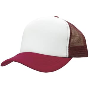 A trucker's mesh cap featuring a white front and burgundy peak and mesh back, complete with a logo.