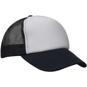 A truckers mesh cap featuring a white front and navy blue brim with a mesh back. It includes a logo.