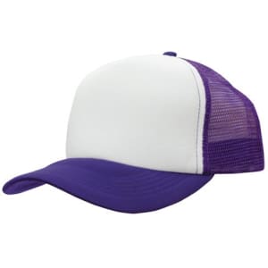 A purple and white trucker mesh cap with a solid front and mesh back. The cap features a curved brim and has a logo.