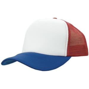 A truckers mesh cap featuring a white front, red mesh back, and blue brim. It has a logo on the front.