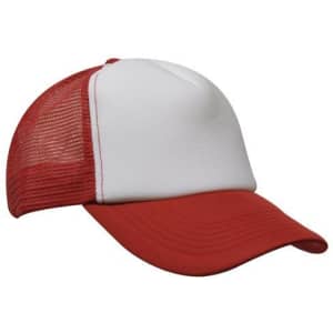 A red and white trucker cap featuring a mesh back and a curved brim, with a logo on the front.