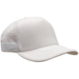 A white trucker mesh cap featuring a solid front and breathable mesh back, with a curved brim.